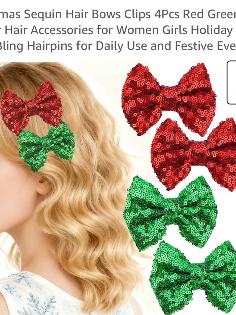 Sequin Bow Hair Clips for Kids – Red & Green Holiday Set